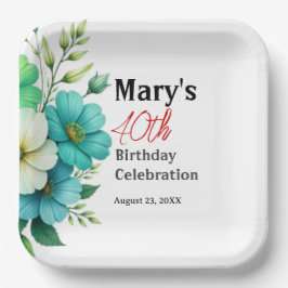 青と白の花のブーケ 誕生日テンプレート ペーパープレート