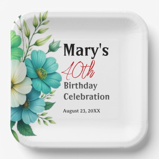 青と白の花のブーケ 誕生日テンプレート ペーパープレート (正面)