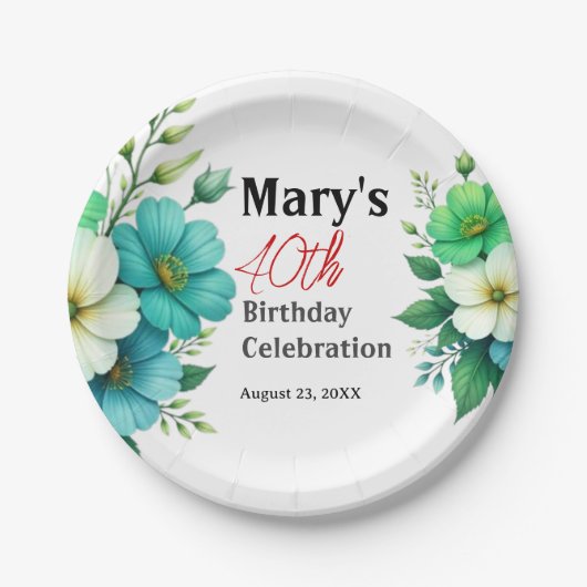 青と白の花のブーケ 誕生日テンプレート ペーパープレート (正面)