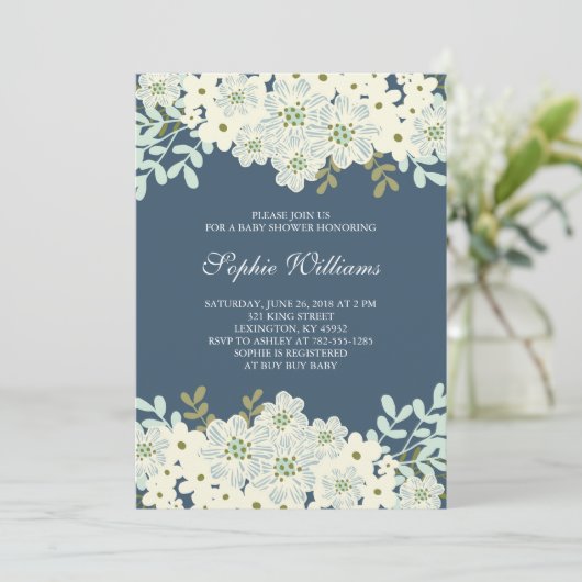 青と白の花のベビーシャワー 招待状 (スタンド正面)