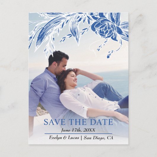 青と白の花の写真の保存日付 ポストカード (正面)