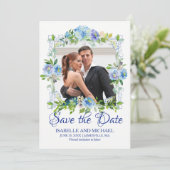 青と白の花の写真を使った結婚式の案内カード 招待状 (スタンド正面)