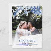 青と白の花の結婚写真の枝 サンキューカード (正面)