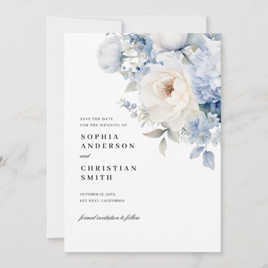 青と白の花の結婚式の日付カードを保存 招待状 (正面)