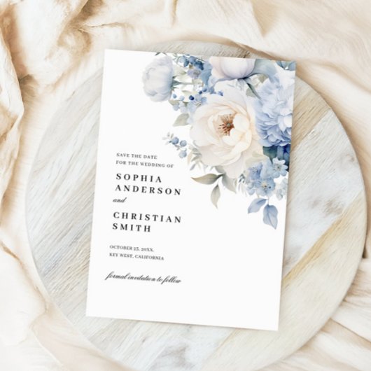 青と白の花の結婚式の日付カードを保存 招待状