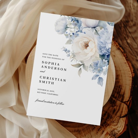青と白の花の結婚式の日付カードを保存 招待状