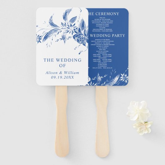 青と白の花の結婚式プログラムを持つブランチ ハンドファン (正面&裏面)