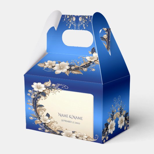 青と白の花の装飾の縁起の良い箱 フェイバーボックス (正面サイド)