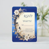 青と白の花の装飾付きRSVPカード 出欠カード (スタンド正面)