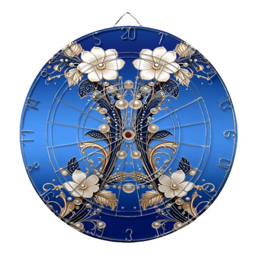 青と白の花の装飾 ダーツボード (正面)