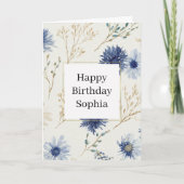 青と白の花の誕生日 カード (正面)