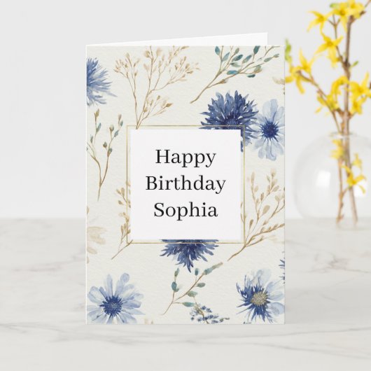 青と白の花の誕生日 カード (黄色い花)