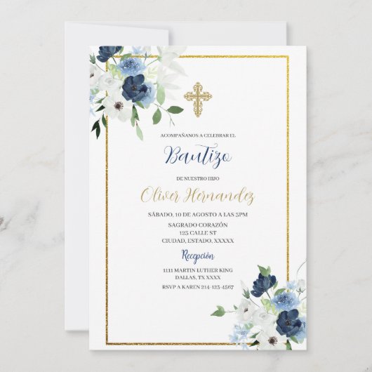 青と白の花バウティゾスペインの招待状 招待状 (正面)