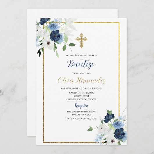 青と白の花バウティゾスペインの招待状 招待状 (正面/裏面)