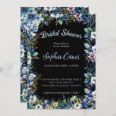 青と白の花ブラックブライダルシャワー 招待状 (正面/裏面)