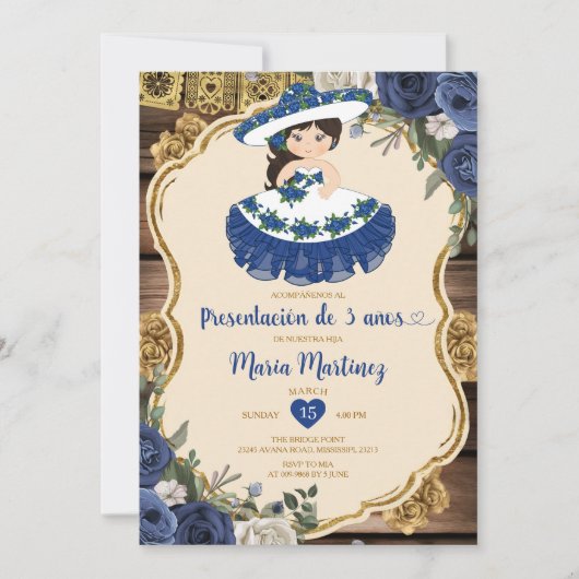 青と白の花プレセンタシオンデトレアノス 招待状 (正面)