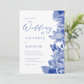 青と白の花写真チノワーズ風結婚式 招待状 (スタンド正面)