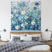 青と白の花咲く野の抽象壁画 キャンバスプリント (インサイチュ (寝室))