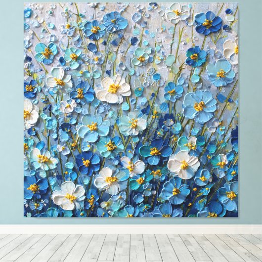 青と白の花咲く野の抽象壁画 キャンバスプリント (インサイチュ (ウッドフロア))