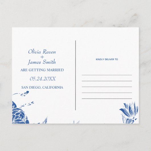 青と白の花日付を保存 ポストカード (裏面)