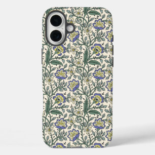 青と白の花柄に黄色のアクセントが効いたシームレスなパターン  iPhone 16 PLUSケース