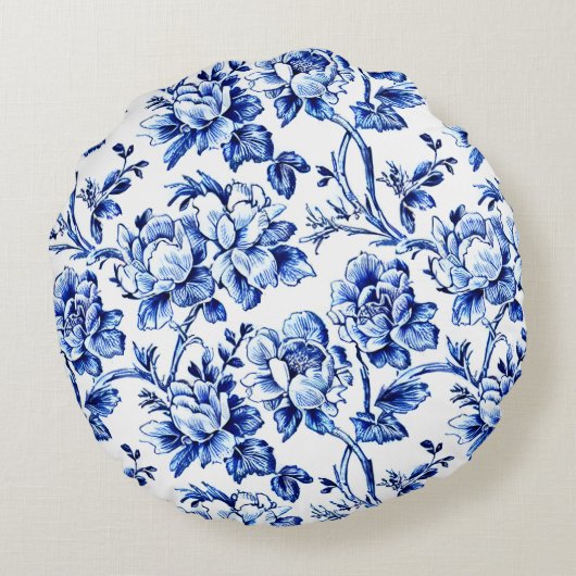 青と白の花柄のトワル結婚式 ラウンドクッション (裏面)