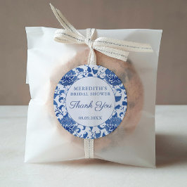 青と白の花柄のブライダルシャワーのお礼の品 ラウンドシール