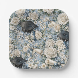 青と白の花柄の卒業パーティー用紙皿 ペーパープレート