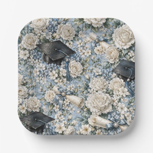 青と白の花柄の卒業パーティー用紙皿 ペーパープレート (正面)