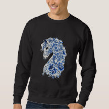 青と白の花柄の磁器の馬Tシャツ