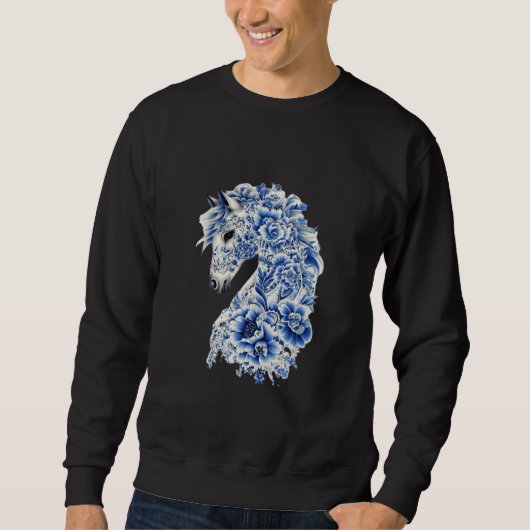 青と白の花柄の磁器の馬Tシャツ スウェットシャツ (正面)
