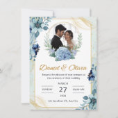 青と白の花柄の結婚式招待状 招待状 (裏面)