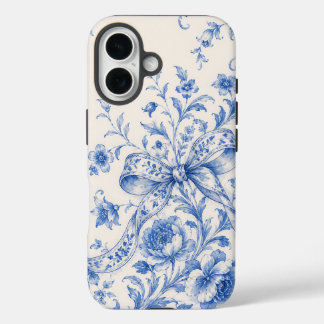 青と白の花柄トワルリボンiPhoneケース iPhone 16ケース