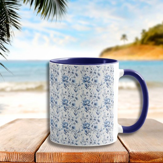 青と白の花柄トワル・シノワズリの水彩画 マグカップ