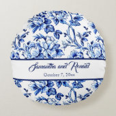 青と白の花柄トワール結婚式 ラウンドクッション (正面)