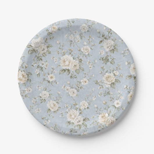 青と白の花柄パーティー用紙皿 ペーパープレート (正面)