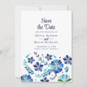 青と白の花柄フィエスタ・セーブ・ザ・デートカード 招待状 (正面)