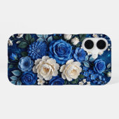 青と白の花柄フォンケース、iPhoneケース iPhone 16ケース (裏面横)