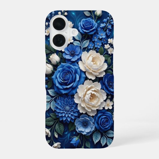 青と白の花柄フォンケース、iPhoneケース iPhone 16ケース (裏面)