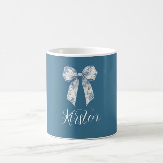 青と白の花柄リボン コーヒーマグカップ (中央)