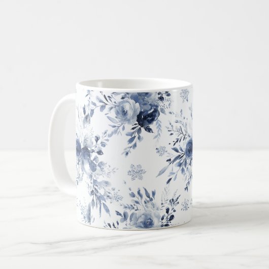 青と白の花柄 コーヒーマグカップ (正面左)