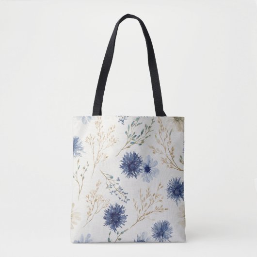 青と白の花柄 トートバッグ (正面)