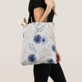 青と白の花柄 トートバッグ (クローズアップ)