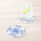 青と白の花模様のタイルに鳥 コースター (側面)