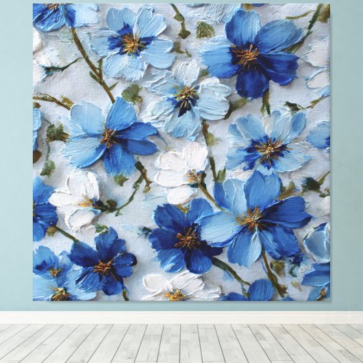 青と白の花模様オイル抽象壁画 キャンバスプリント (インサイチュ (ウッドフロア))
