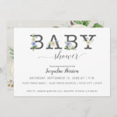 青と白の花模様 素朴 | 男の子の赤ちゃんシャワー 招待状 (正面/裏面)