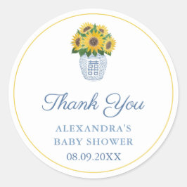 青と白の花瓶のシャワーを浴びるサンフラワーありがとう ラウンドシール
