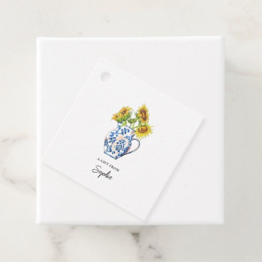 青と白の花瓶ギフトラベルのひまわり フェイバータグ (インサイチュ)