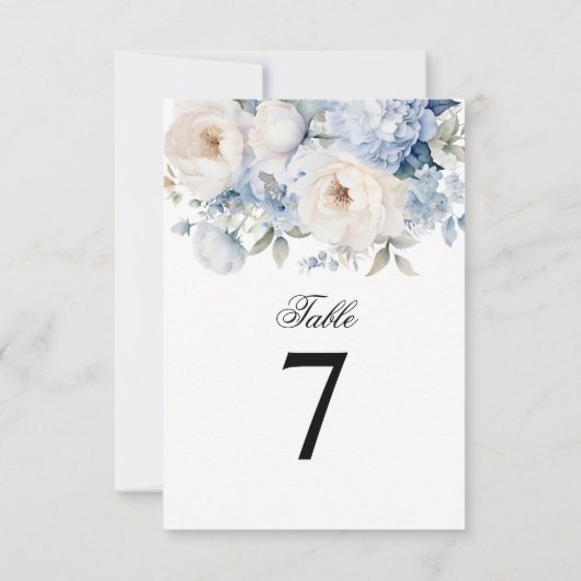 青と白の花結婚のテーブル番号 招待状 (裏面)