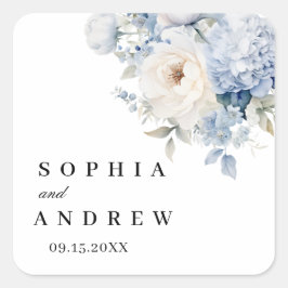 青と白の花結婚の四角いシール スクエアシール